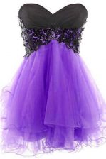 Unique Lavender Tulle Lace Up Sweetheart Sleeveless Mini Length Evening Dress Appliques