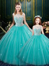 Designer High-neck Sleeveless Zipper Sweet 16 Dress Turquoise Tulle