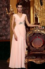 Column/Sheath Evening Dress Baby Pink V-neck Chiffon Cap Sleeves Floor Length Side Zipper