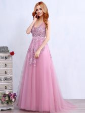  Pink V-neck Neckline Appliques and Belt Prom Dresses Sleeveless Backless
