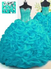  Aqua Blue Ball Gowns Sweetheart Sleeveless Organza With Brush Train Lace Up Beading and Ruffles Ball Gown Prom Dress