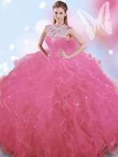Elegant Rose Pink Ball Gowns Tulle High-neck Sleeveless Beading Floor Length Zipper Sweet 16 Dresses