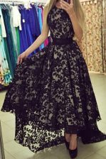 Best Selling Lace Asymmetrical Black Prom Dresses Scoop Sleeveless Zipper
