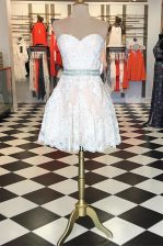  White Lace Zipper Prom Gown Sleeveless Knee Length Lace