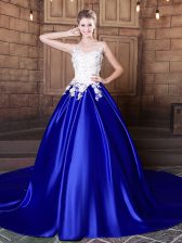 Glittering Scoop Sleeveless Elastic Woven Satin With Train Court Train Lace Up 15 Quinceanera Dress in Royal Blue with Appliques
