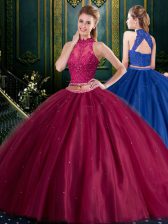  Halter Top Two Pieces Quinceanera Dresses Burgundy High-neck Tulle Sleeveless Floor Length Lace Up