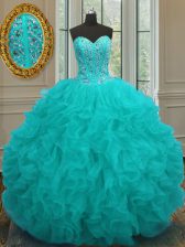 Unique Aqua Blue Ball Gowns Sweetheart Sleeveless Organza Floor Length Lace Up Beading and Ruffles Quinceanera Dress