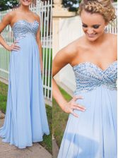  Light Blue Chiffon Backless Prom Gown Sleeveless Floor Length Beading