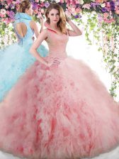  Baby Pink Tulle Backless Vestidos de Quinceanera Sleeveless Floor Length Beading and Ruffles