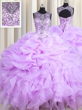 High Class Scoop Lavender Organza Lace Up Sweet 16 Dresses Sleeveless Floor Length Beading and Ruffles and Pick Ups