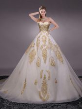 Free and Easy White Sleeveless With Train Appliques Lace Up Quinceanera Gown