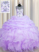  Scoop See Through Floor Length Lavender Quince Ball Gowns Organza Sleeveless Beading and Ruffles and Pick Ups