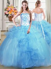  Baby Blue Strapless Lace Up Beading and Appliques and Ruffles Sweet 16 Dress Sleeveless