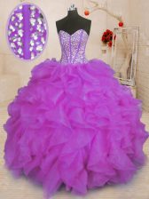 Hot Sale Beading and Ruffles Ball Gown Prom Dress Purple Lace Up Sleeveless Floor Length
