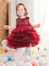 Deluxe Scoop Tulle Sleeveless Mini Length Toddler Flower Girl Dress and Ruffled Layers and Sequins