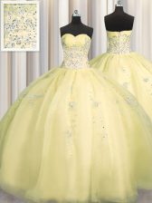  Really Puffy Light Yellow Sleeveless Organza Zipper Ball Gown Prom Dress for Military Ball and Sweet 16 and Quinceanera