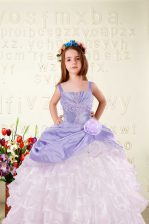 Wonderful Floor Length Lavender Little Girls Pageant Dress Organza Sleeveless Beading and Ruffled Layers and Hand Made Flower