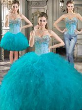  Three Piece Aqua Blue Lace Up Sweetheart Beading and Ruffles Sweet 16 Dresses Tulle Sleeveless