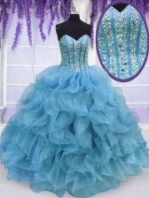 Best Aqua Blue Sweetheart Neckline Beading and Ruffles Quinceanera Dress Sleeveless Lace Up