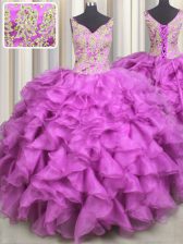 Artistic Fuchsia Quince Ball Gowns Military Ball and Sweet 16 and Quinceanera with Beading and Ruffles V-neck Sleeveless Lace Up