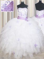  White Lace Up Quinceanera Dresses Beading and Ruffles and Belt Sleeveless Floor Length
