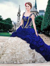 Custom Made Blue And White Straps Neckline Beading and Ruffles and Pick Ups Ball Gown Prom Dress Sleeveless Lace Up