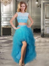  A-line Prom Gown Teal Scoop Tulle Cap Sleeves High Low Lace Up