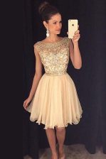  Champagne A-line Tulle Bateau Cap Sleeves Beading Mini Length Zipper Prom Dresses