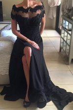 Excellent Off the Shoulder Black A-line Beading and Lace Backless Chiffon Short Sleeves