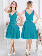 Smart Teal Sleeveless Knee Length Ruching and Belt Zipper Dama Dress for Quinceanera