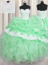  Sweetheart Sleeveless 15th Birthday Dress Floor Length Beading and Appliques and Ruffles and Pick Ups Green Organza