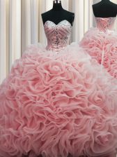 Luxury Rolling Flowers Brush Train Beading and Pick Ups Quince Ball Gowns Baby Pink Lace Up Sleeveless Floor Length