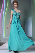  Chiffon One Shoulder Sleeveless Side Zipper Lace and Hand Made Flower Prom Dresses in Teal 