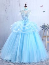 Popular Short Sleeves Floor Length Appliques and Ruffles Lace Up Dress for Prom with Baby Blue