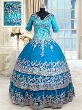 Nice Teal 15 Quinceanera Dress Military Ball and Sweet 16 and Quinceanera with Beading and Lace and Appliques and Ruffled Layers V-neck Half Sleeves Zipper