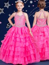  Halter Top Hot Pink Zipper Little Girl Pageant Dress Beading and Ruffled Layers Sleeveless Floor Length