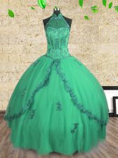 Modest Floor Length Turquoise Quinceanera Gowns Halter Top Sleeveless Lace Up