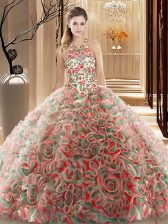  Fabric With Rolling Flowers High-neck Sleeveless Brush Train Criss Cross Ruffles and Pattern Quinceanera Gowns in Multi-color