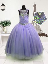 Beading Little Girls Pageant Gowns Lavender Zipper Sleeveless Floor Length