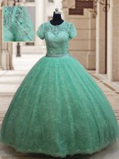  Scoop Lace Short Sleeves Floor Length Sweet 16 Dress and Lace