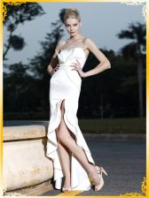  Mermaid White Satin Zipper Prom Gown Sleeveless High Low Lace