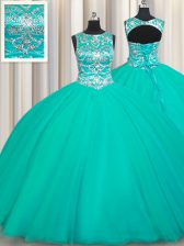  Scoop Appliques Quinceanera Dress Turquoise Lace Up Sleeveless Floor Length