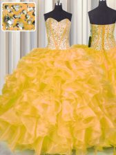 Custom Made Sweetheart Sleeveless Sweet 16 Dress Floor Length Beading and Ruffles Gold Organza