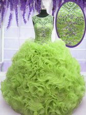 Fancy Scoop Sleeveless Floor Length Beading and Ruffles Lace Up Quinceanera Dresses