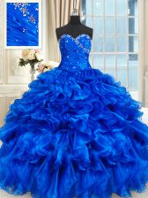 Delicate Royal Blue Organza Lace Up Ball Gown Prom Dress Sleeveless Floor Length Beading and Ruffles