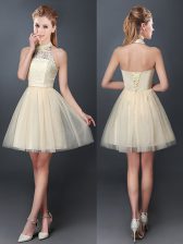  Halter Top Champagne Sleeveless Tulle Lace Up Court Dresses for Sweet 16 for Prom and Party and Wedding Party