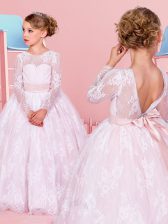  Pink Backless Scoop Lace and Bowknot Toddler Flower Girl Dress Lace Long Sleeves
