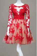  Scoop Lace Knee Length Zipper Prom Gown Red for Prom with Appliques
