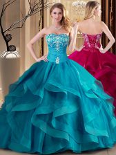  Sleeveless Lace Up Floor Length Embroidery and Ruffles 15th Birthday Dress