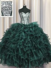 Fabulous Visible Boning Peacock Green Lace Up Sweetheart Ruffles and Sequins Sweet 16 Dresses Organza and Sequined Sleeveless